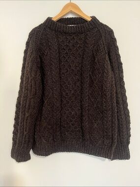 Vintage Dark Brown Donegal Cableknit Irish 100% Wool Sweater